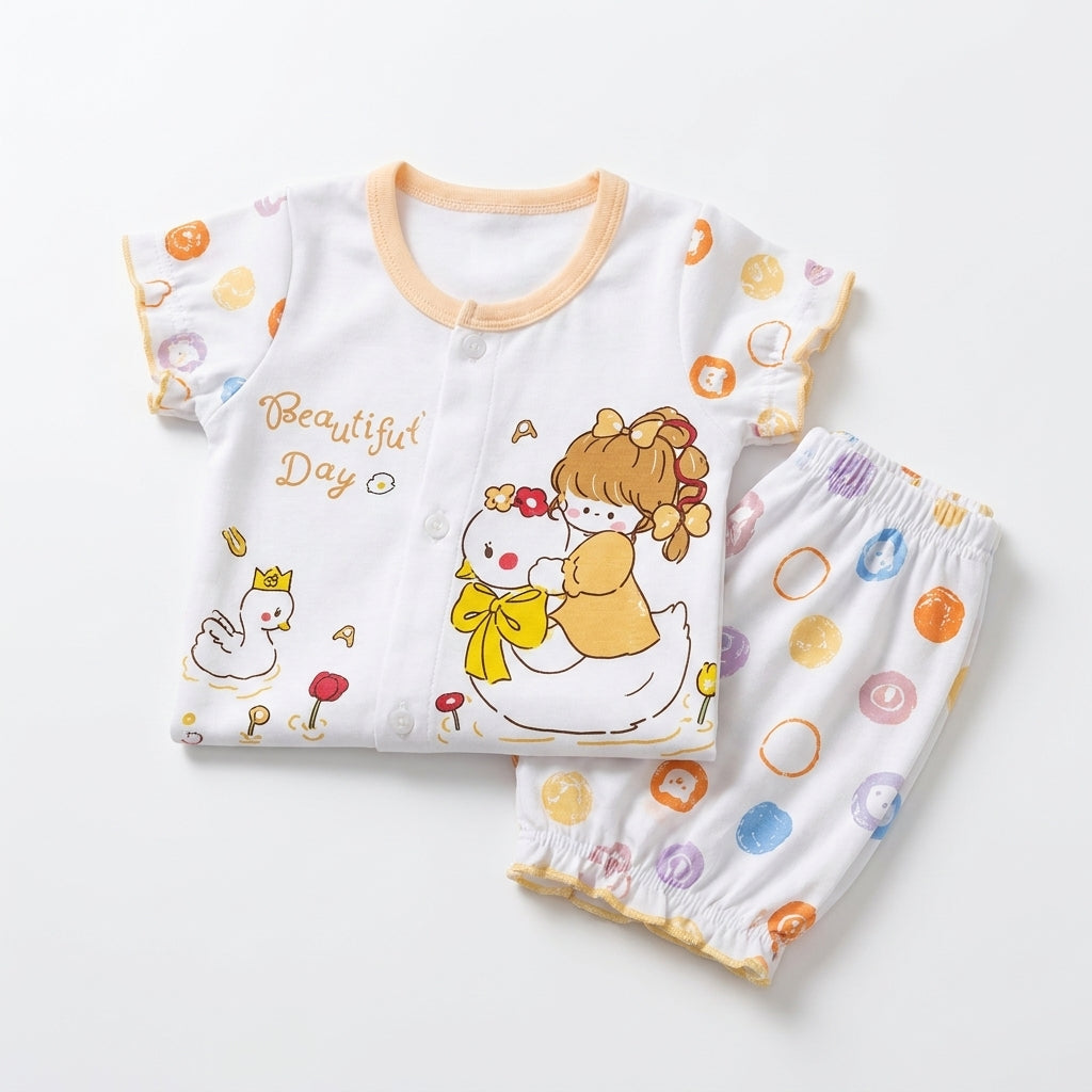 IMPORTED 100% COTTON SUMMER BABY GIRL HALF SLEEVE SUIT SWAN PRINT