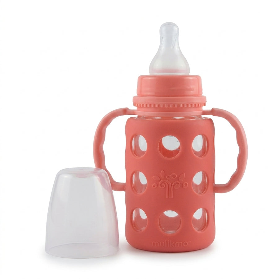 BABY GLASS FEEDER SILICONE COVERED RED
