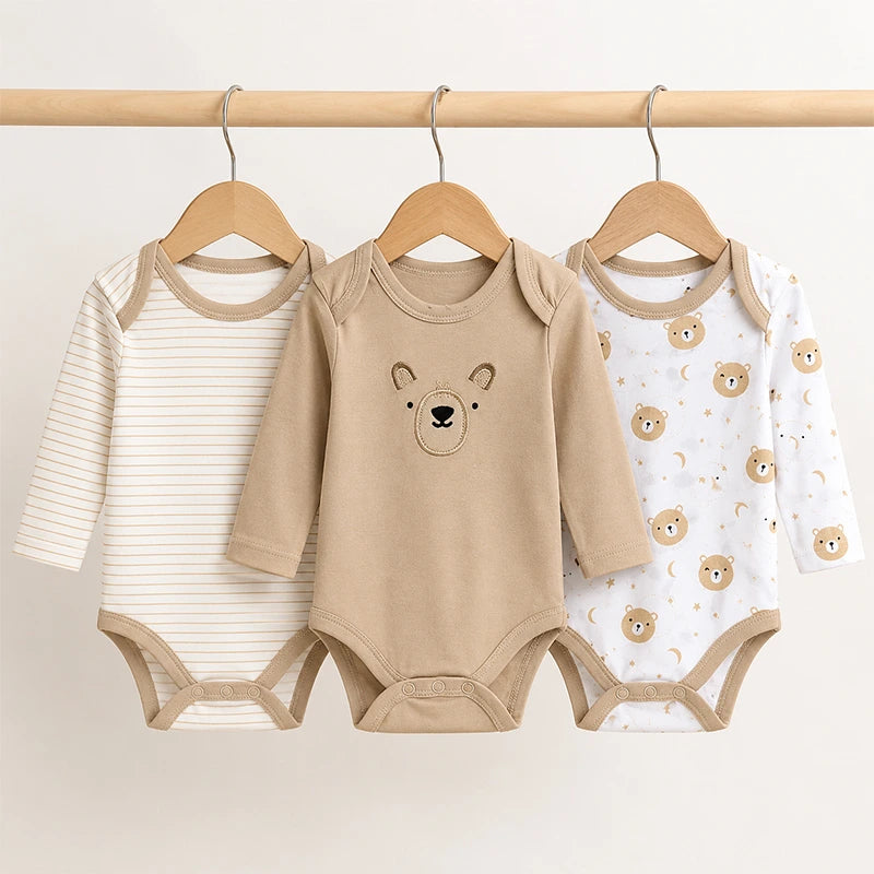 Brown full-sleeve cotton baby bodysuits with bear print, pack of 3