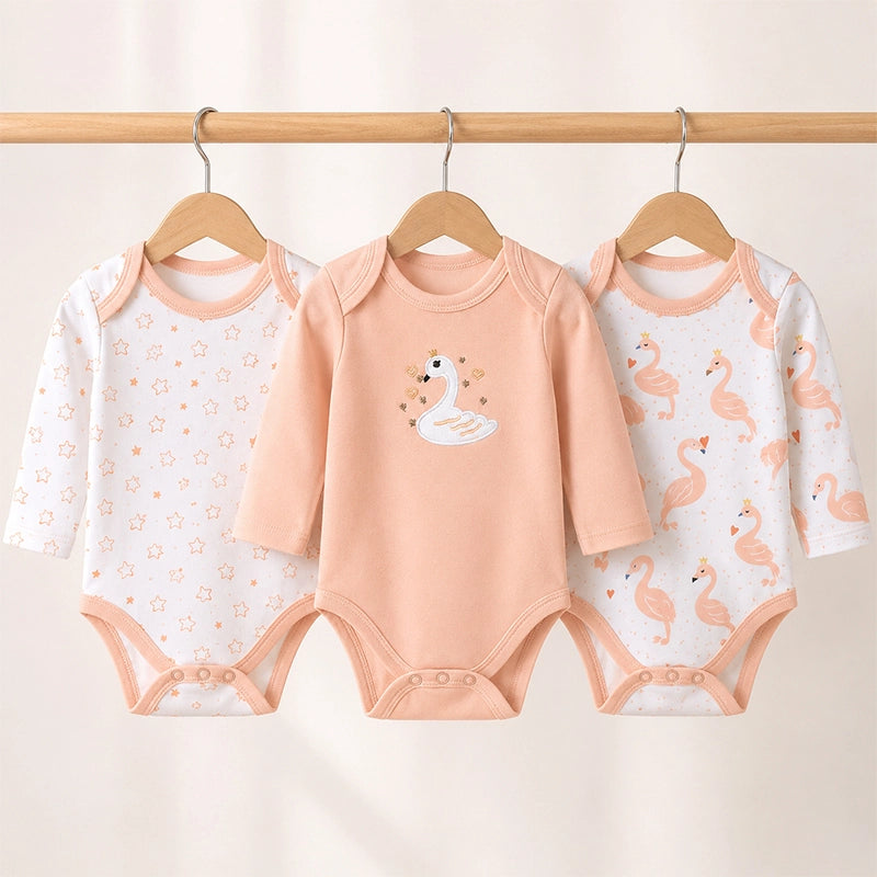 Peach full-sleeve cotton baby bodysuits with duck print, pack of 3