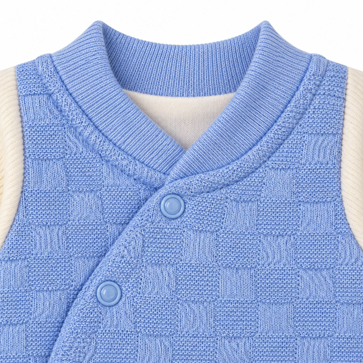Sky Blue Textured Teddy Bear Embroidered Romper – Baby-blue crossover collar and snaps