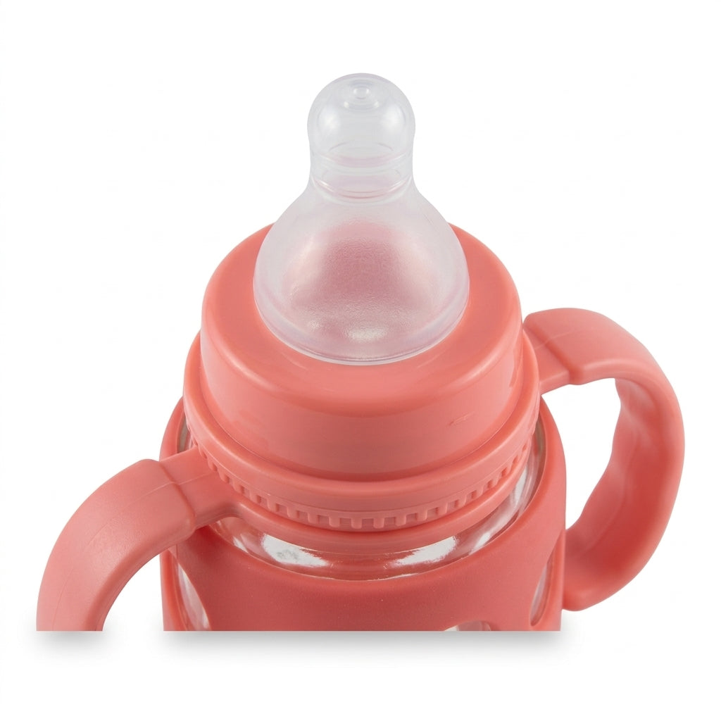 BABY GLASS FEEDER SILICONE COVERED RED