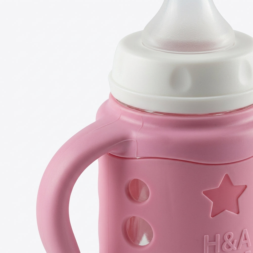 BABY GLASS FEEDER SILICONE STAR COVER PINK