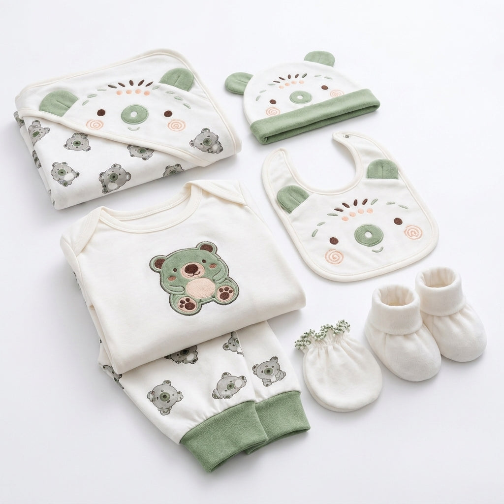 NEWBORN BABY 11 PCS BLOR CUTE BEAR PRINTED STARTER SET – WHITE & GREEN