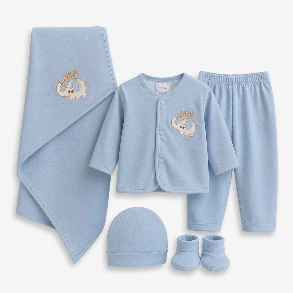 BABY SUIT 5 PIECES SET BLUE COLOR ELEPHANT EMB KOTRAI