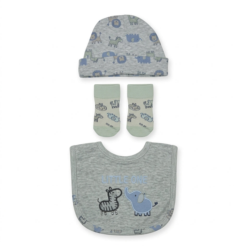BABY 4PCS CAP SOCKS+BIB SET GREY