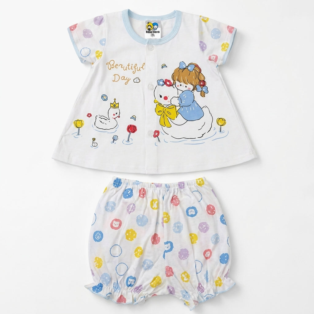 IMPORTED 100% COTTON SUMMER BABY GIRL HALF SLEEVE SUIT SWAN PRINT (WHITE & SKY BLUE)