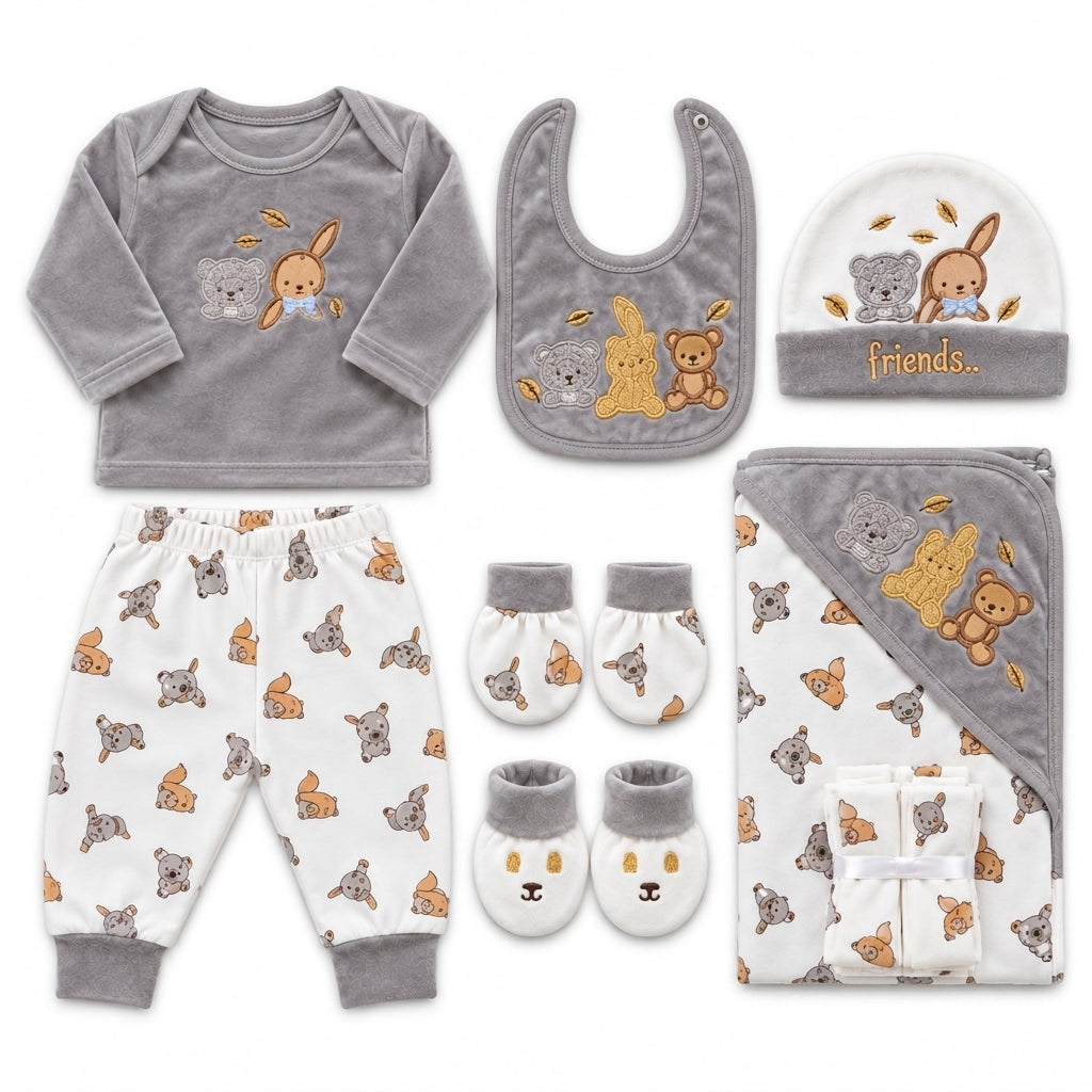 NEWBORN BABY 11 PCS BLOR BUNNY PRINTED STARTER SET – GRAY & WHITE
