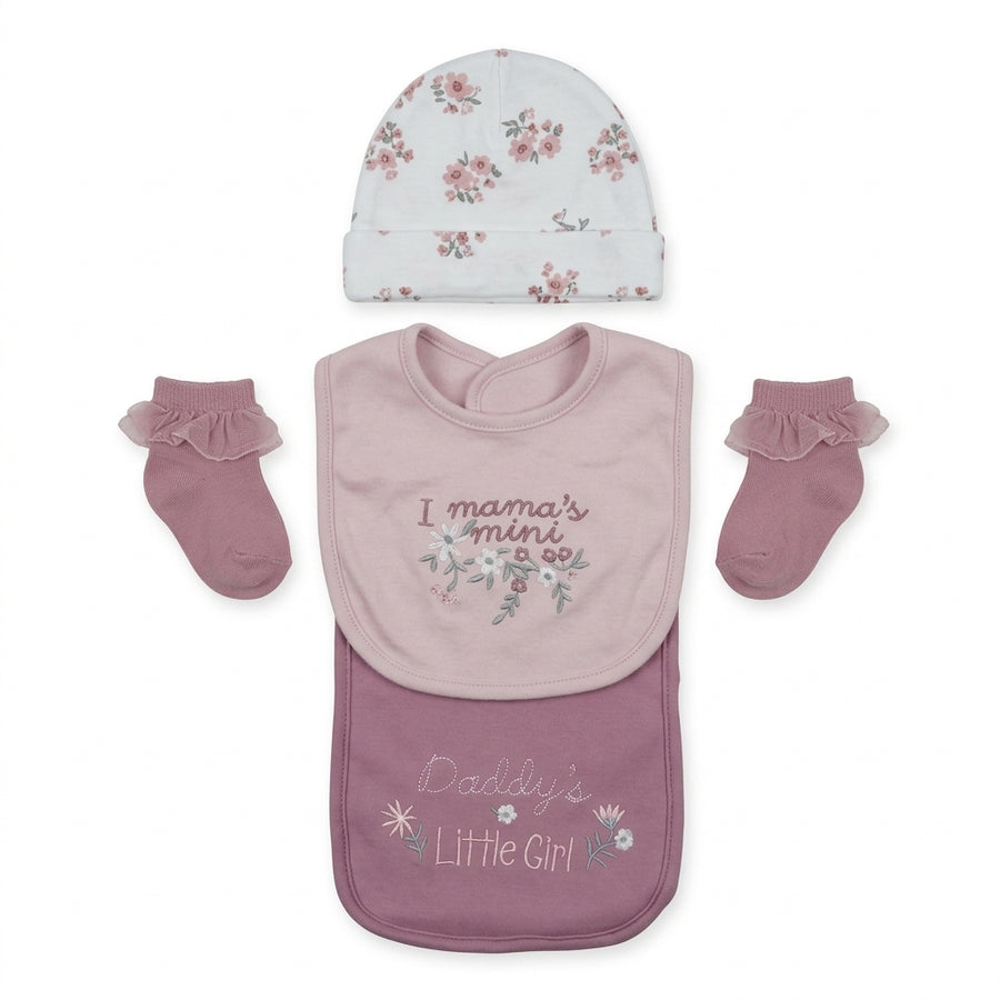 BABY 4PCS CAP SOCKS+BIB SET PINK