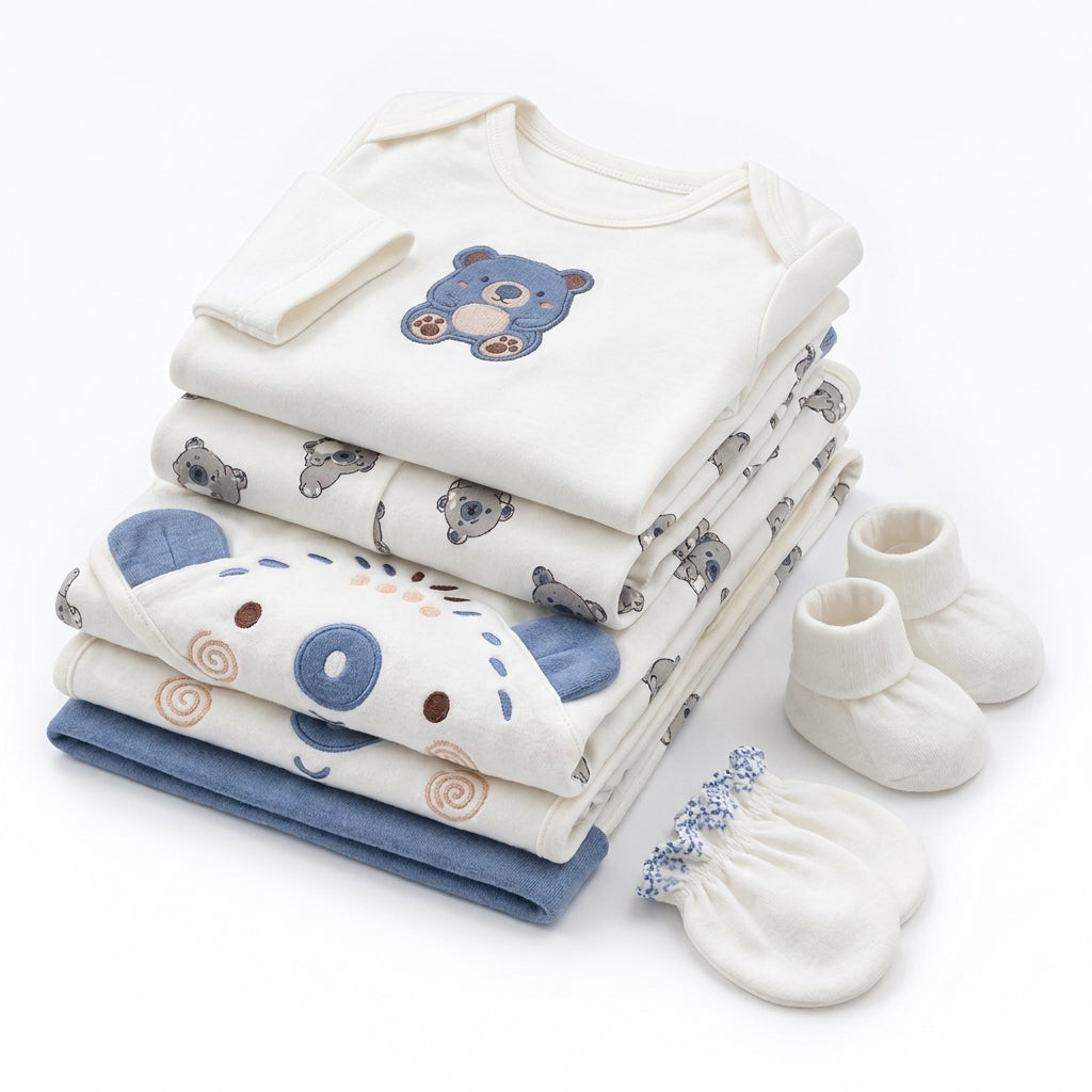 NEWBORN BABY 11 PCS BLOR CUTE BEAR PRINTED STARTER SET – WHITE & BLUE