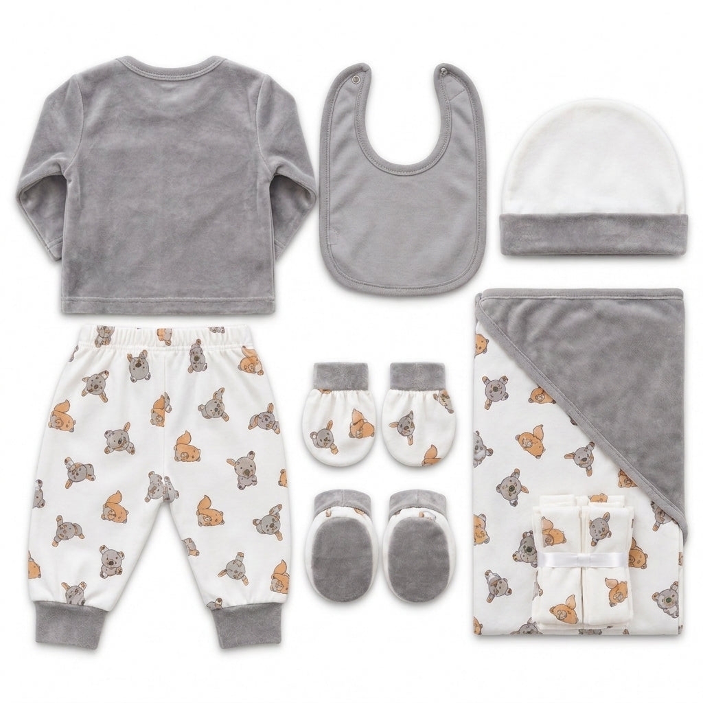 NEWBORN BABY 11 PCS BLOR BUNNY PRINTED STARTER SET – GRAY & WHITE