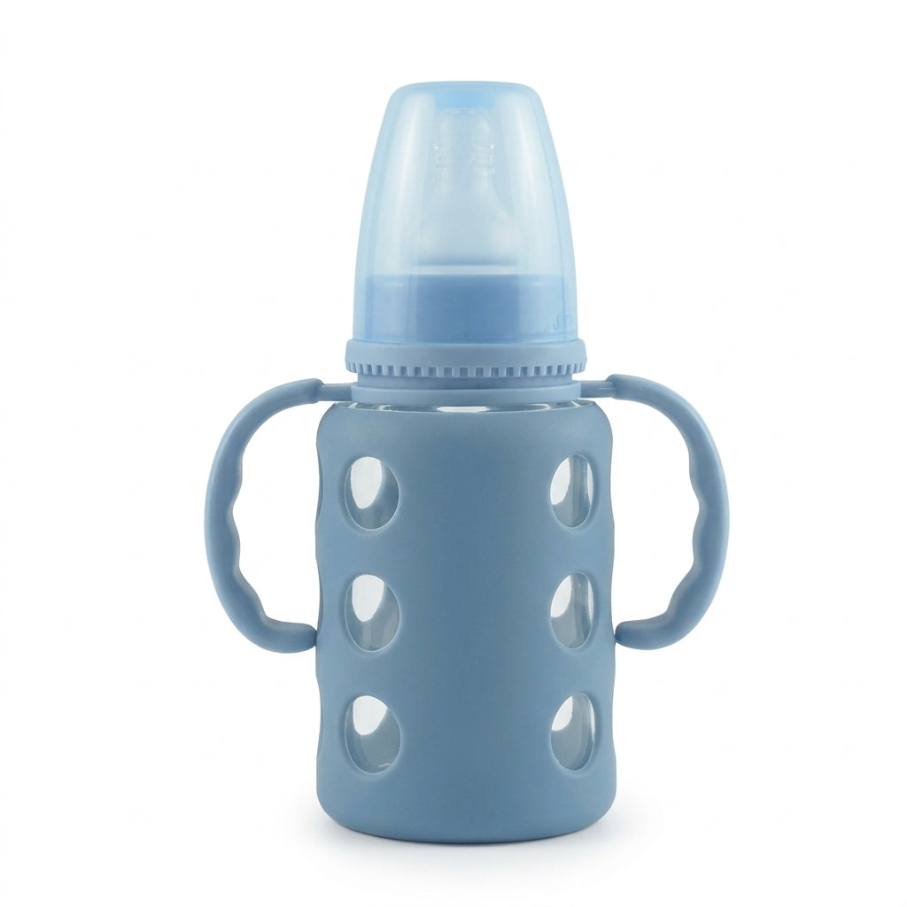 BABY GLASS FEEDER SILICONE COVERED BLUE