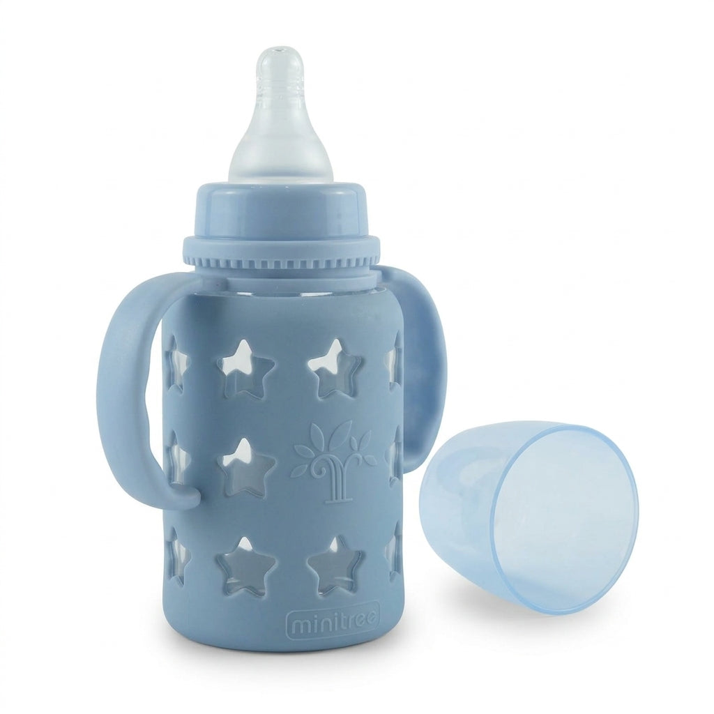 BABY GLASS FEEDER SILICONE COVERED BLUE
