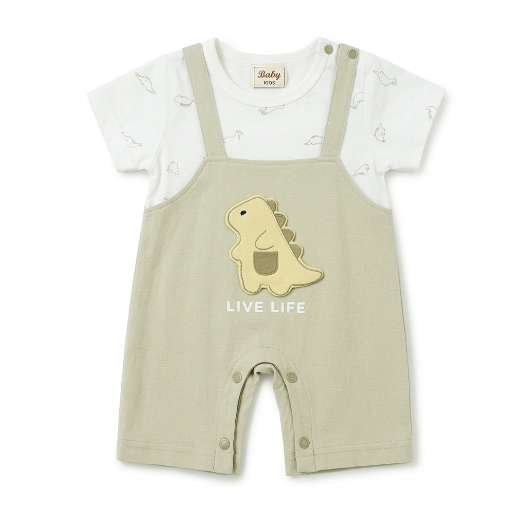 Imported Baby/Baba Dino Short-Leg Romper - Beige & White