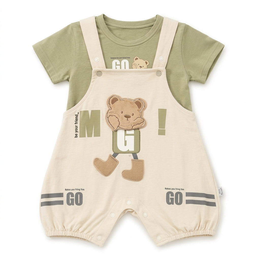 Imported Baby Bear Adventure Dungaree Romper & T-Shirt Set (Olive Green & Beige)