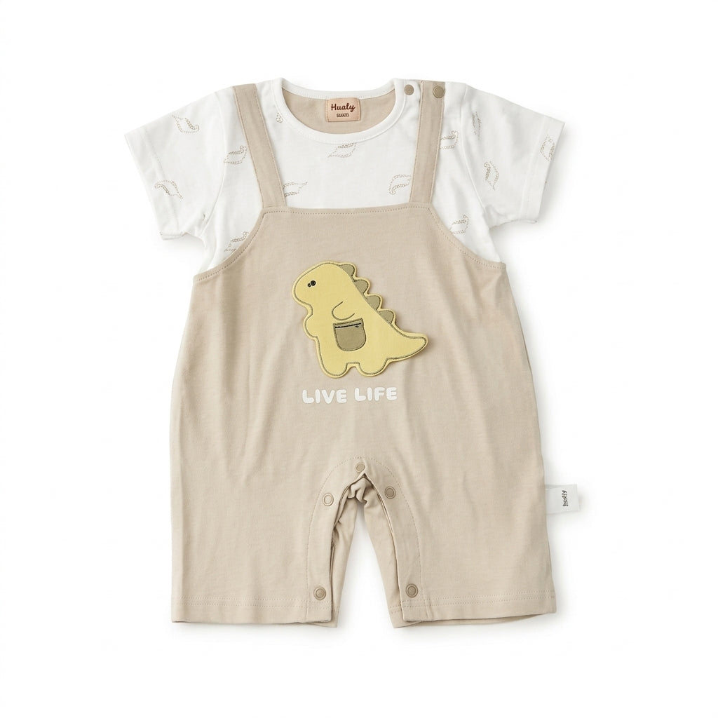 Imported Baby/Baba Dino Short-Leg Romper - Beige & White