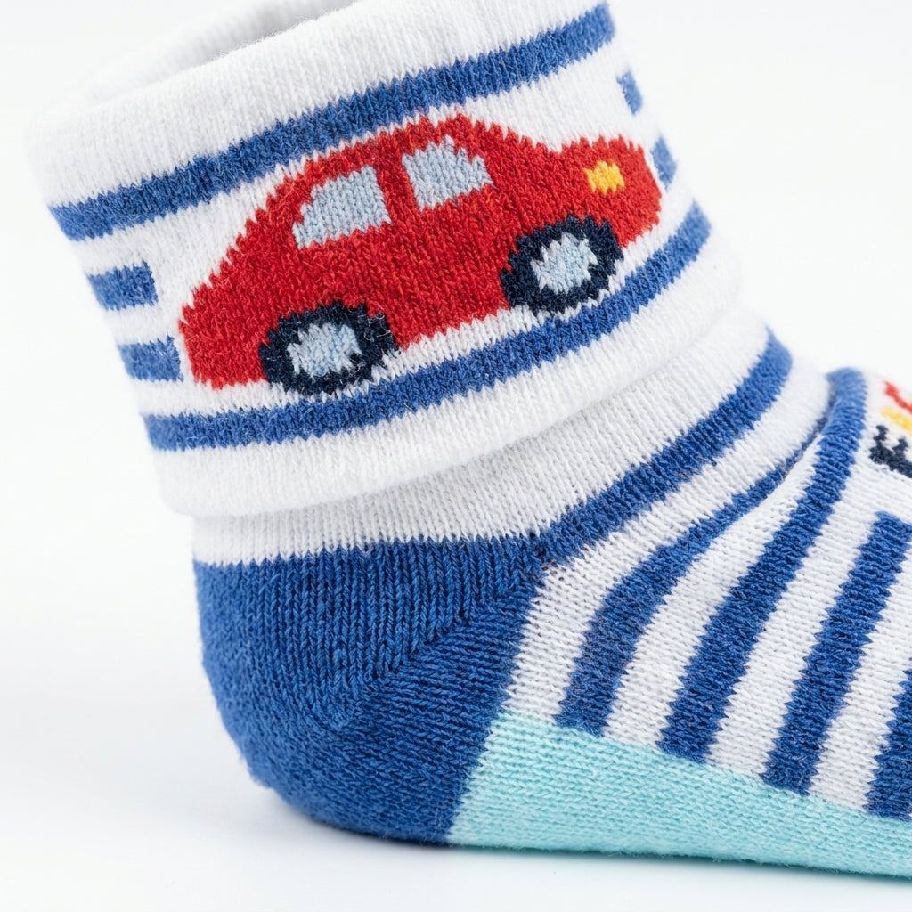 3 PACK BABY BOY SOCKS-GREY/BLACK & BLUE STRIPED CAR PRINT (0-12M)