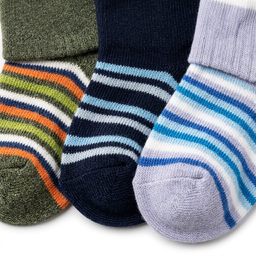 PACK OF 3 STRIPED COTTON BABY SOCKS - OLIVE GREEN, SKY BLUE & BLACK (0-12M)