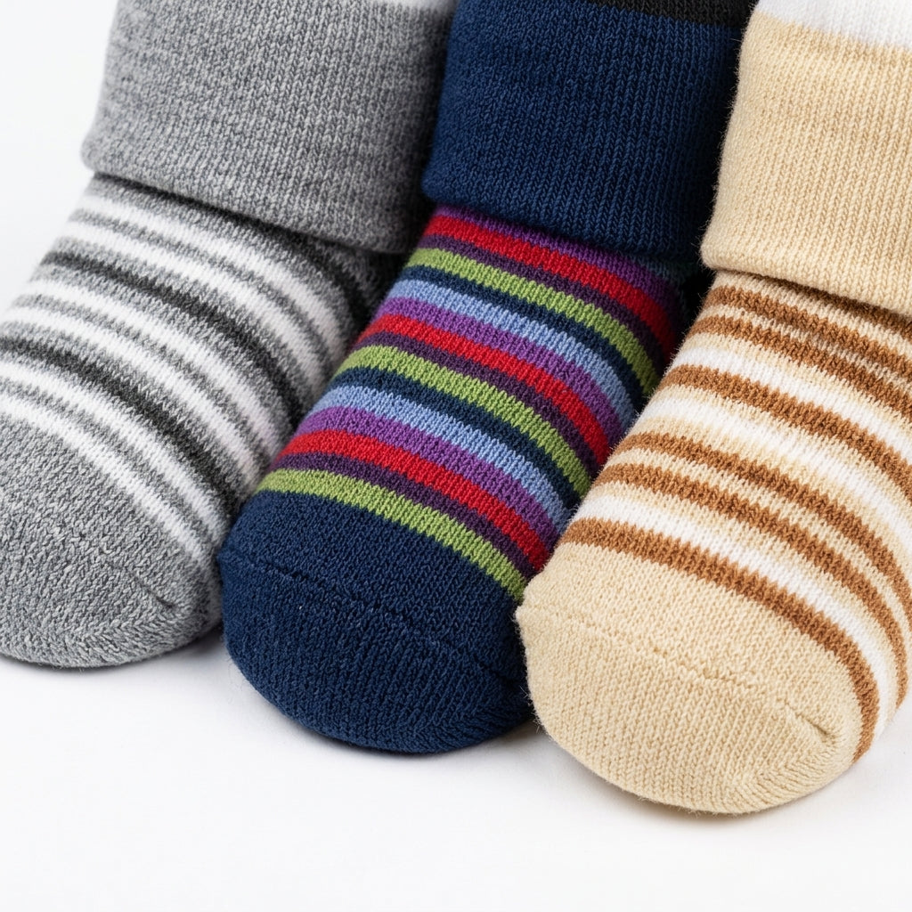 PACK OF 3 STRIPED COTTON BABY SOCKS - GREY, MUSTARD & NAVY BLUE (0-12M)