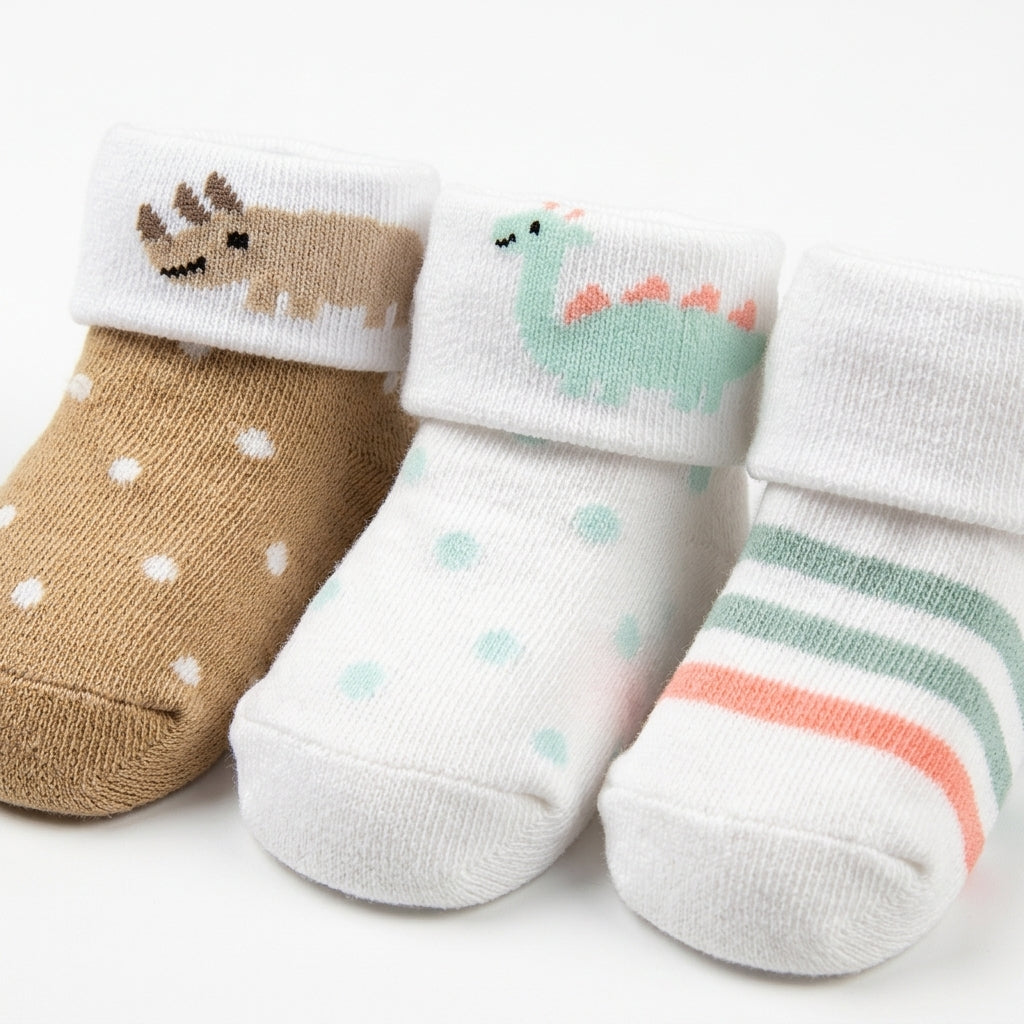 PACK OF 3 COTTON SOCKS-STRIPED, DINOSAUR & RHINO PRINTED (0-12M)