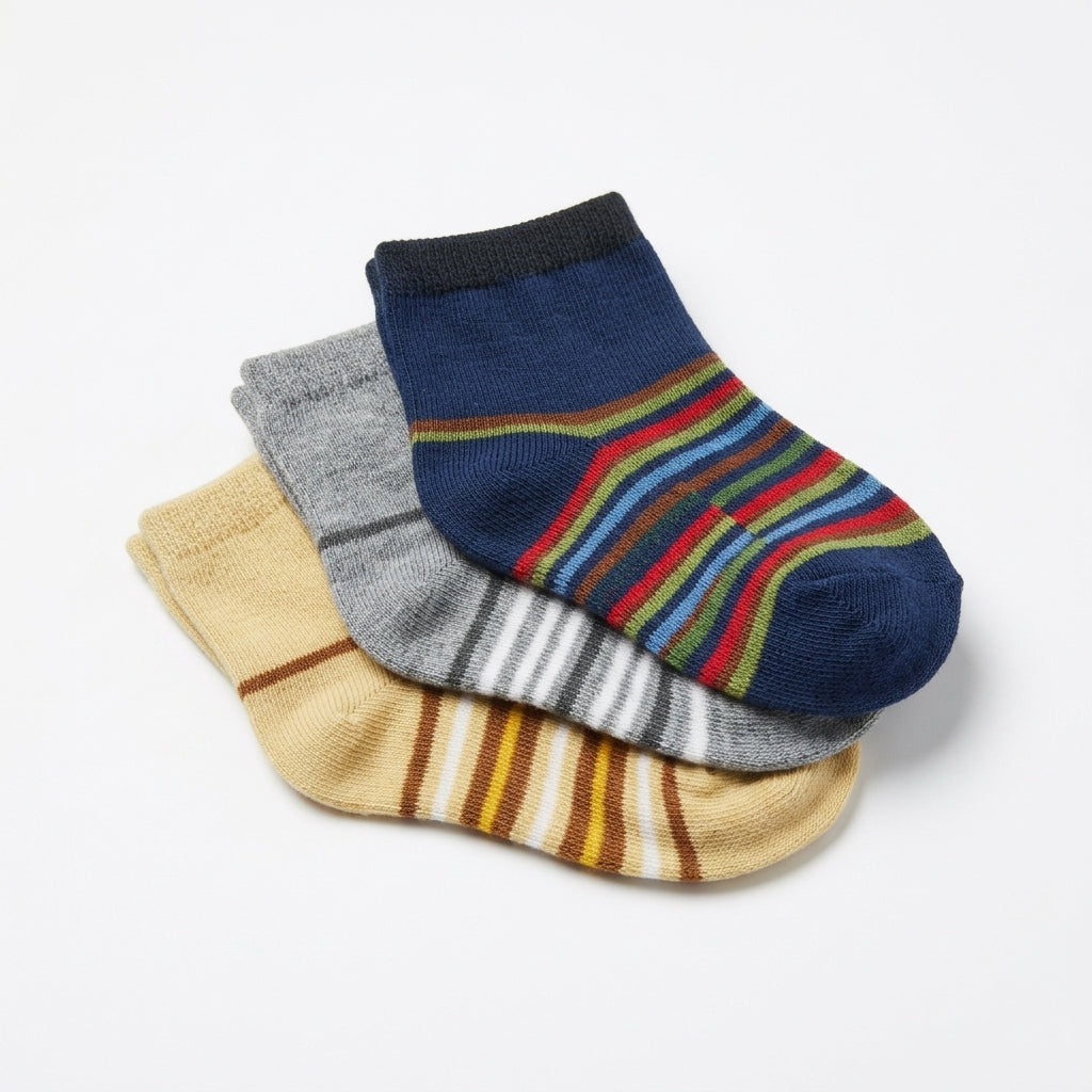 PACK OF 3 STRIPED COTTON BABY SOCKS - GREY, MUSTARD & NAVY BLUE (0-12M)