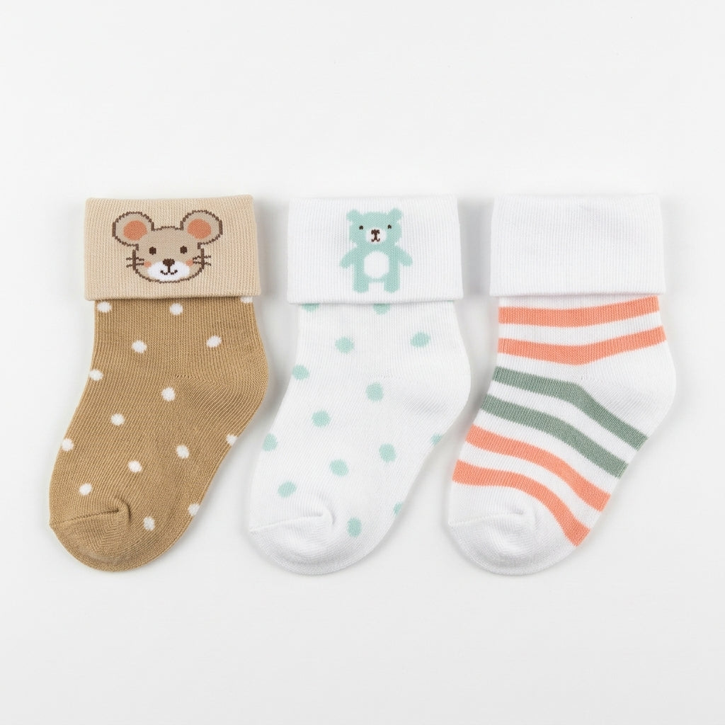 PACK OF 3 COTTON SOCKS-STRIPED, DINOSAUR & RHINO PRINTED (0-12M)