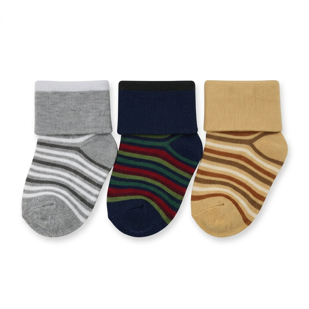 PACK OF 3 STRIPED COTTON BABY SOCKS - GREY, MUSTARD & NAVY BLUE (0-12M)