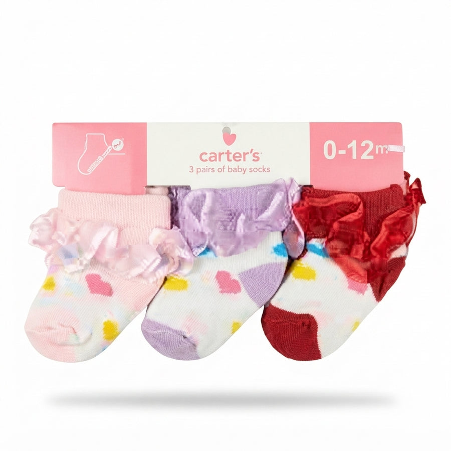 CARTERS IMPORTED 3 PIECE BABY GIRLS RUFFLE SOCKS HEART PATTERN SIZE 12M