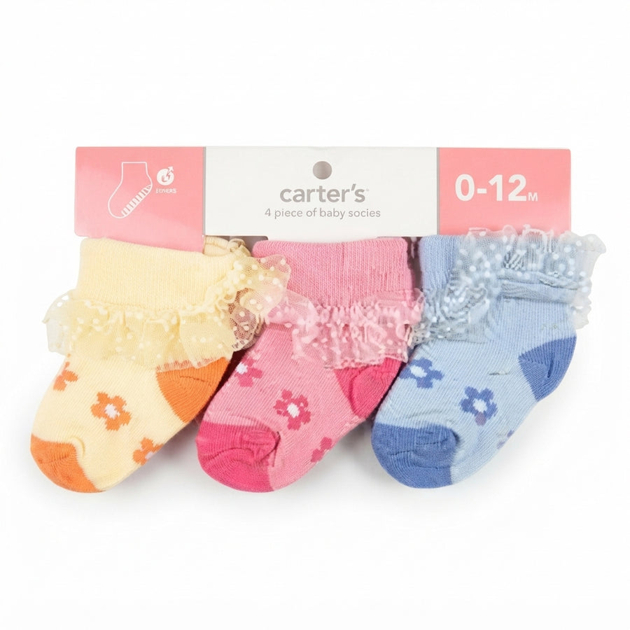 CARTERS IMPORTED 3 PIECE BABY GIRLS FLORAL RUFFLE SOCKS SET SIZE 12M