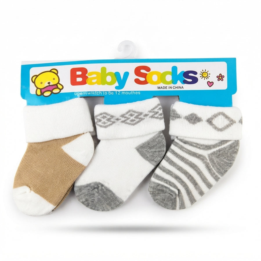 PACK OF 3 COTTON SOCKS-STRIPED, DIAMOND GEOMETRIC & SOLID BLOCK PRINTED (0-12M)