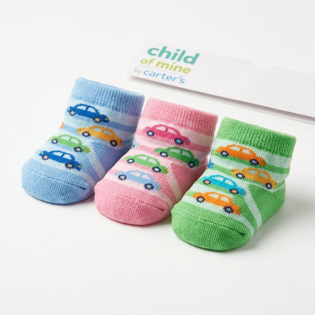 BABY SOCKS FANCY 3PCS PACK CAR PRINT CHUBESTERS