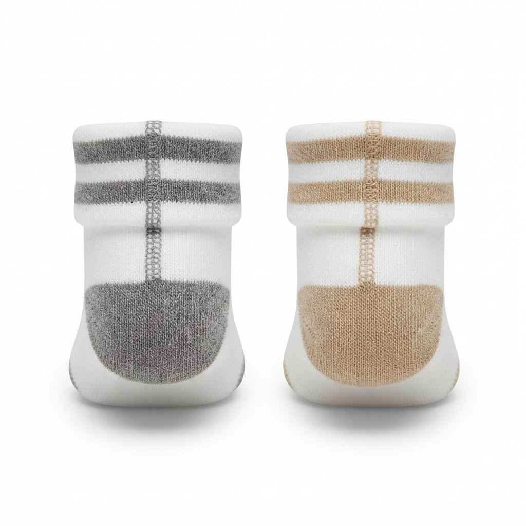 BABY STRIPED COTTON SOCKS PACK OF 2 (GREY & SKIN WHITE)(0-3M)