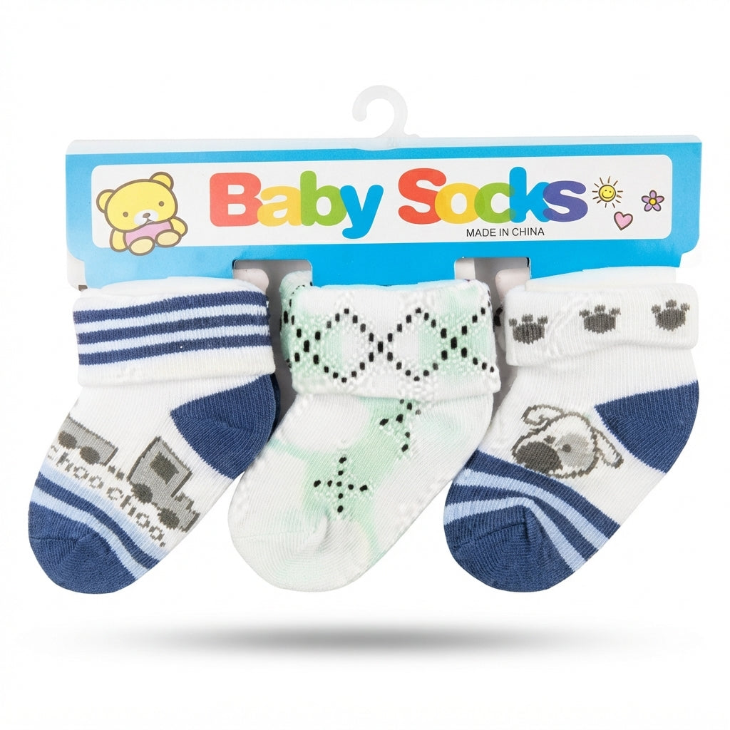 PACK OF 3 COTTON SOCKS-CHOO CHOO TRAIN, DOG & ARGYLE PRINTED (0-12M)