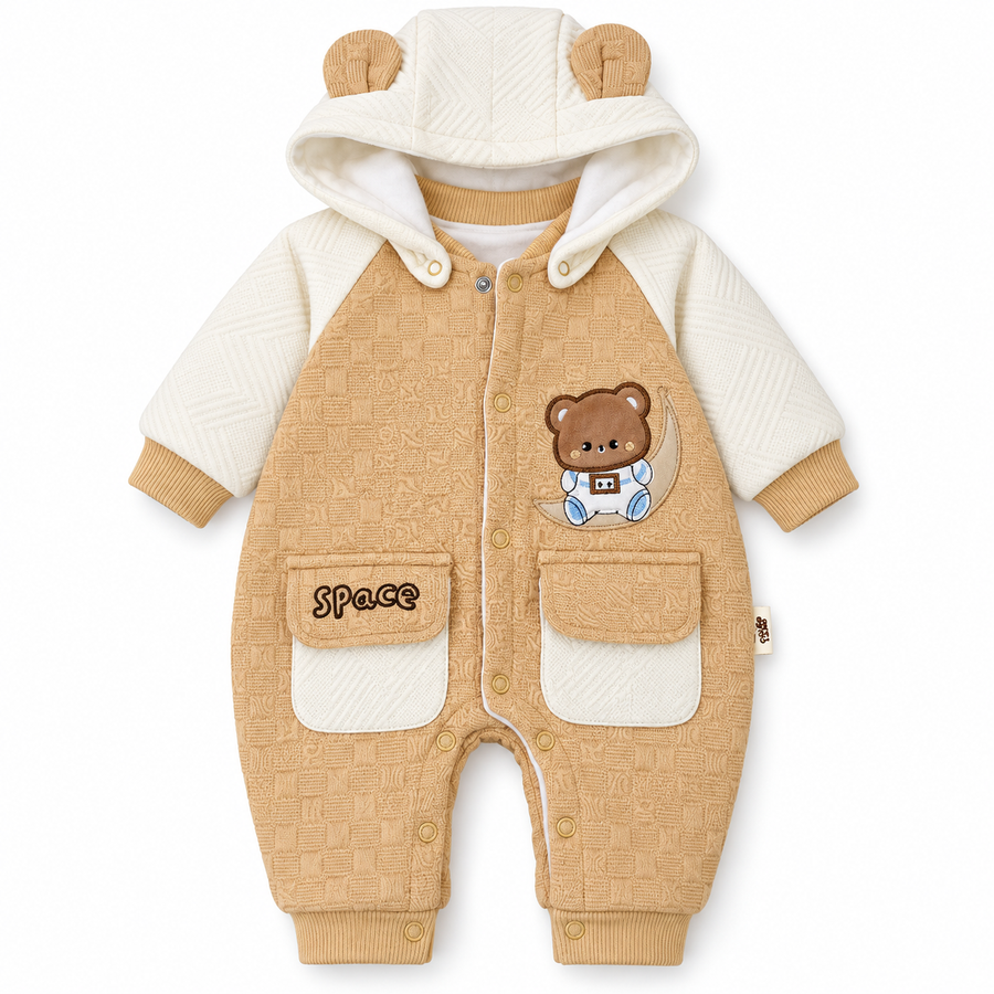 Brown & White Hooded Teddy Bear Embroidered Romper – Beige Bear-Ear Baby Romper Front View