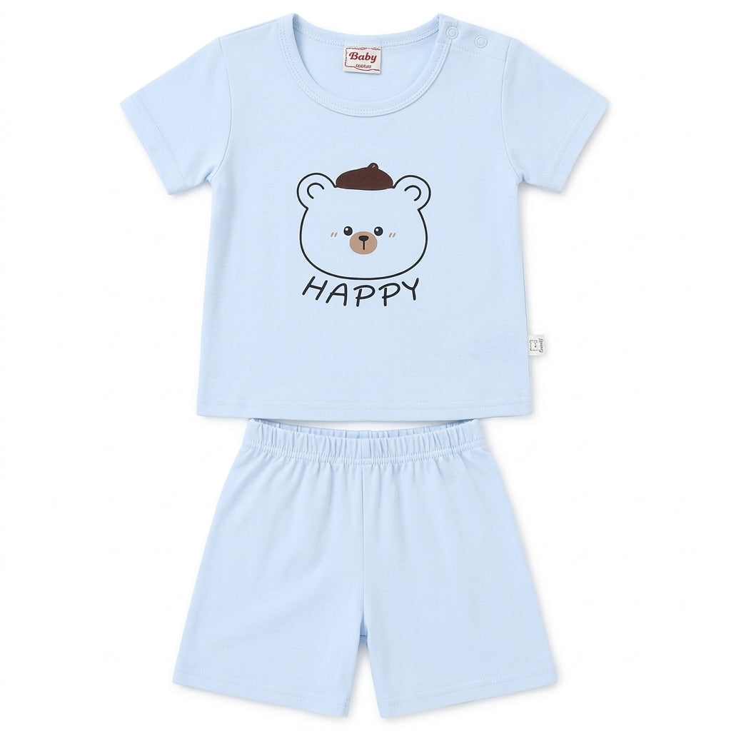IMPORTED BABY HAPPY BEAR 100% COTTON SOFT HIGH QUALITY SUMMER T-SHIRT & SHORTS SUIT SKY BLUE