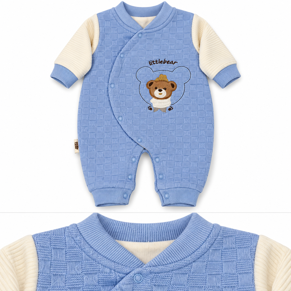 Sky Blue Textured Teddy Bear Embroidered Romper – Blue crossover collar snap detail
