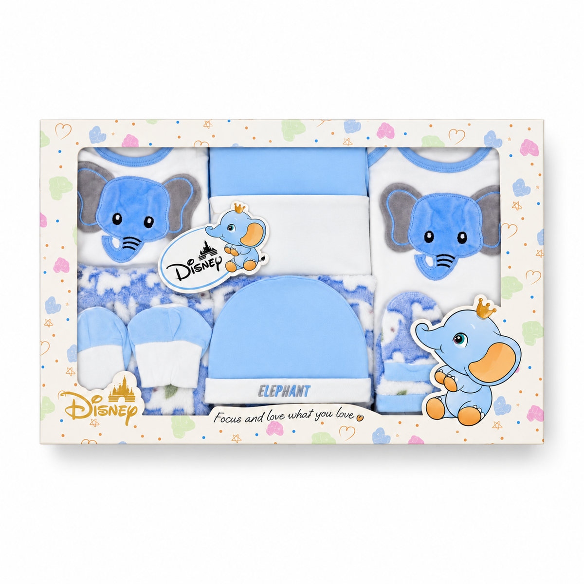 NEWBORN BABY 10 PCS ELEPHANT EMB PREMIUM GIFT BOX SET – BLUE & WHITE
