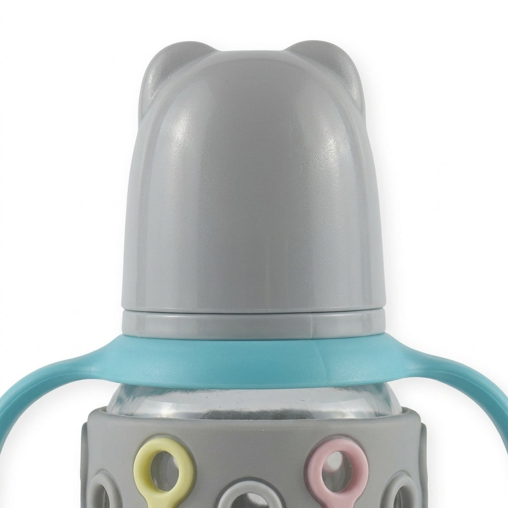 BABY GLASS FEEDER SILICONE COVERED GREY