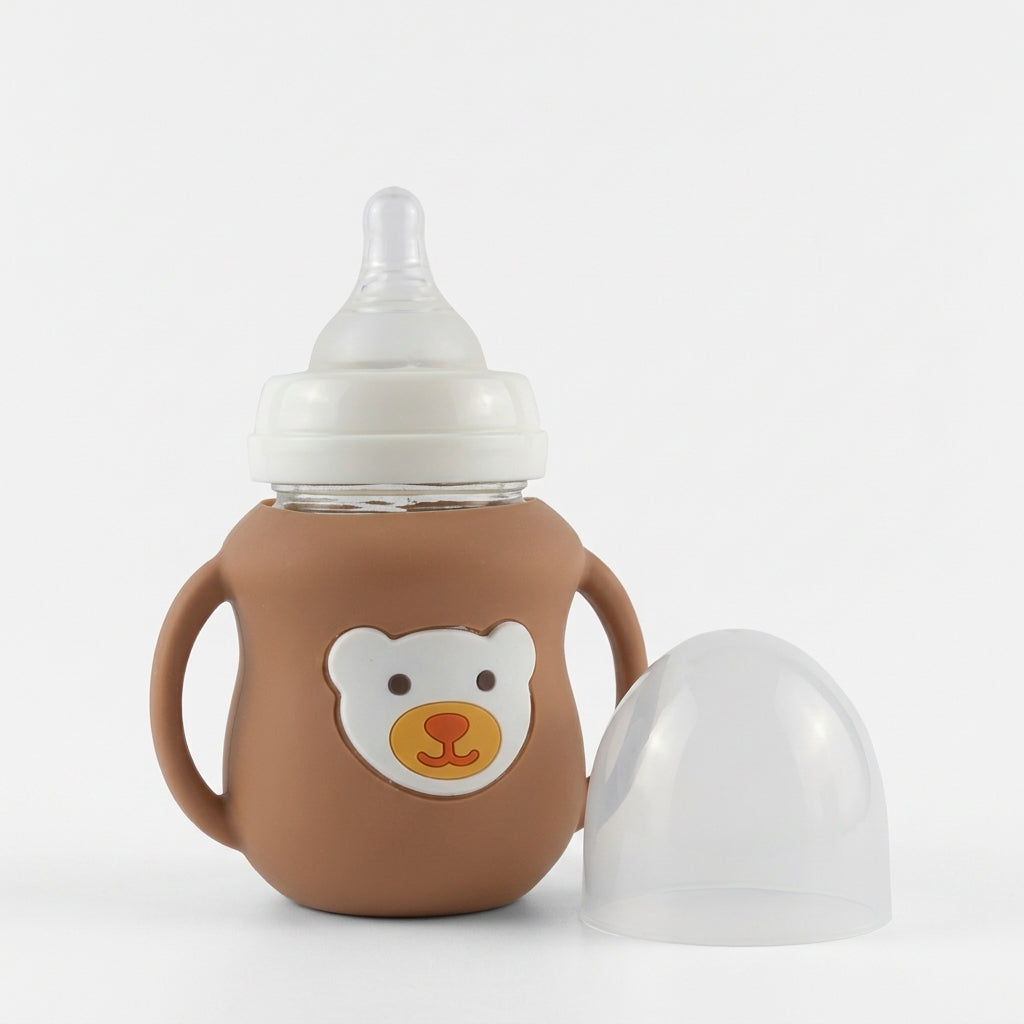 BABY GLASS FEEDER BEAR HANDLE BROWN