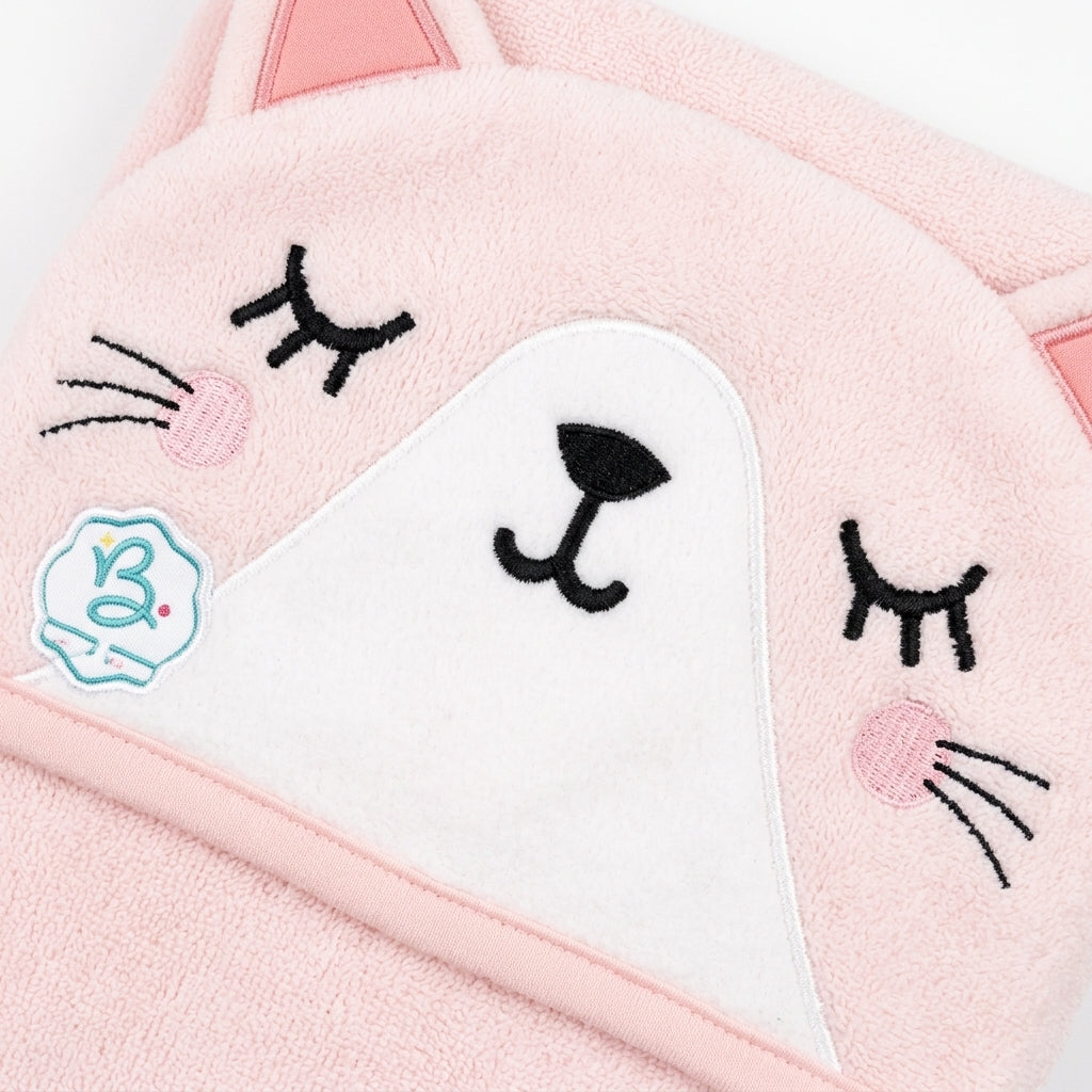 BABY HOODED BATH TOWEL 6PCS SET CAT PINK