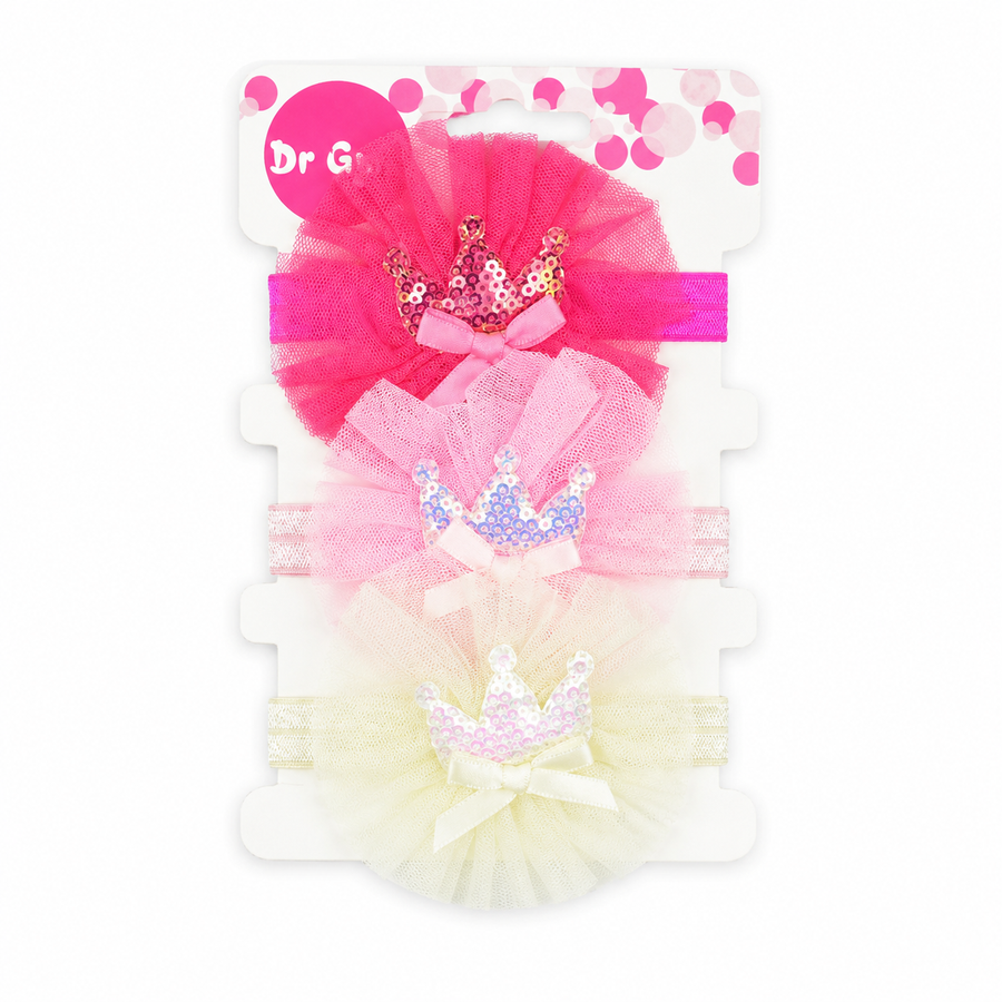 BABY GIRL FANCY CROWN HEADBAND SET 3 PCS (PINK, BABY PINK & OFF WHITE)