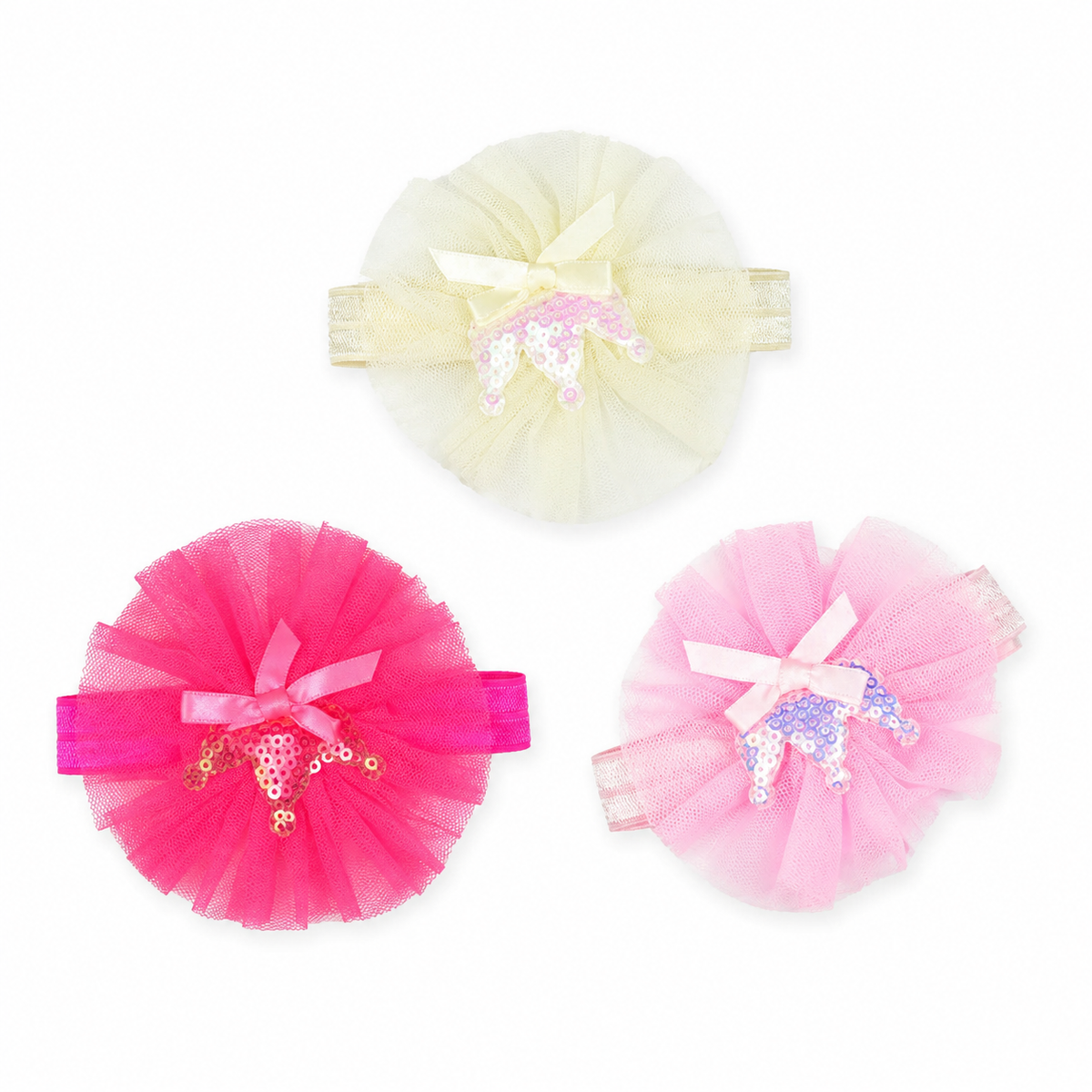 BABY GIRL FANCY CROWN HEADBAND SET 3 PCS (PINK, BABY PINK & OFF WHITE)