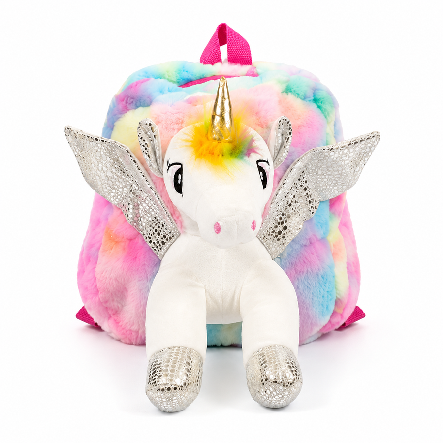 UNICORN SOFT TOY BAG 3D SILVER GLITTER SPARKLY WINGS RAINBOW SHED FOR KIDS