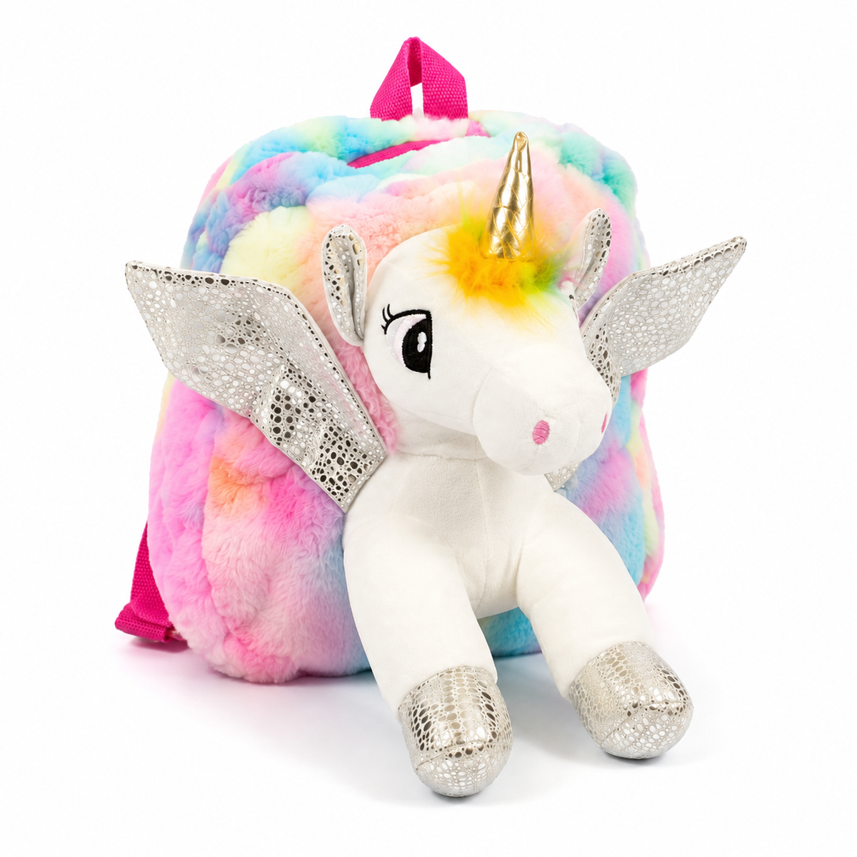 UNICORN SOFT TOY BAG 3D SILVER GLITTER SPARKLY WINGS RAINBOW SHED FOR KIDS