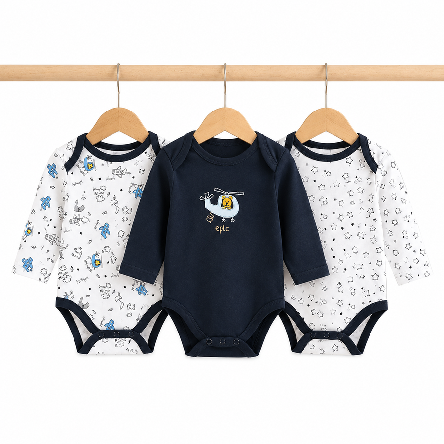 Full-Sleeve Cotton Baby Bodysuits 3-Pack – Black Helicopter