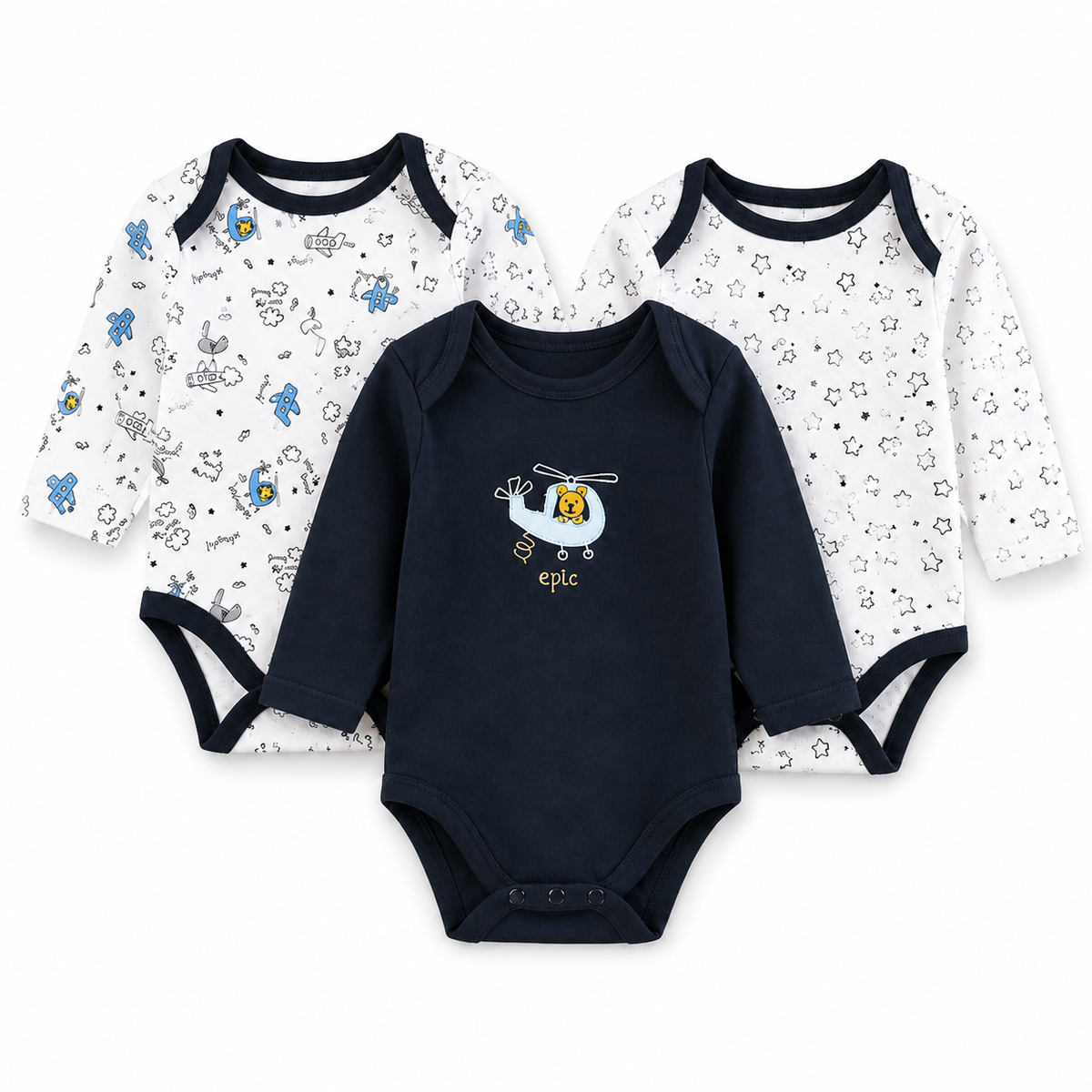 Full-Sleeve Cotton Baby Bodysuits 3-Pack – Black Helicopter