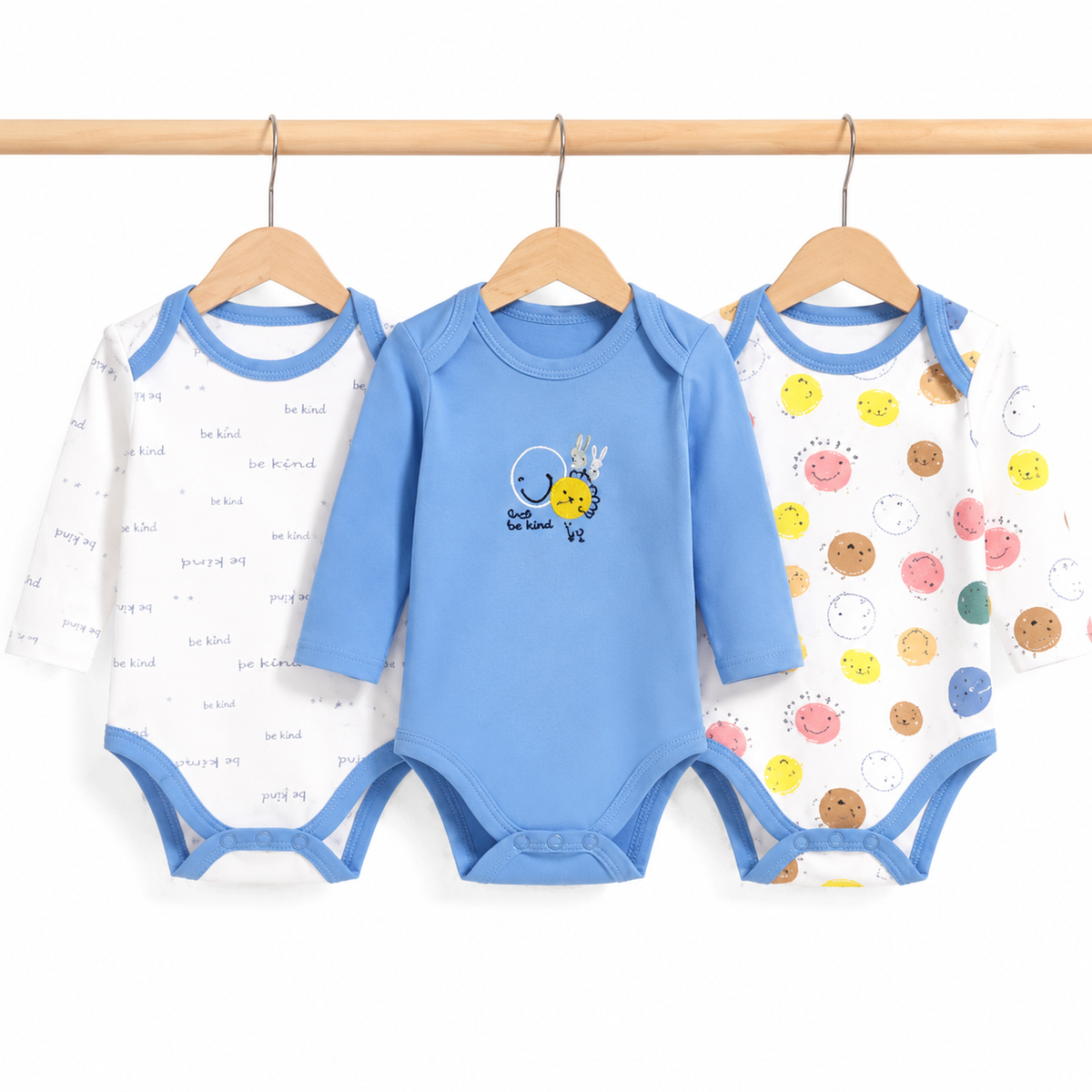 Full-Sleeve Cotton Baby Bodysuits 3-Pack – Blue Smile
