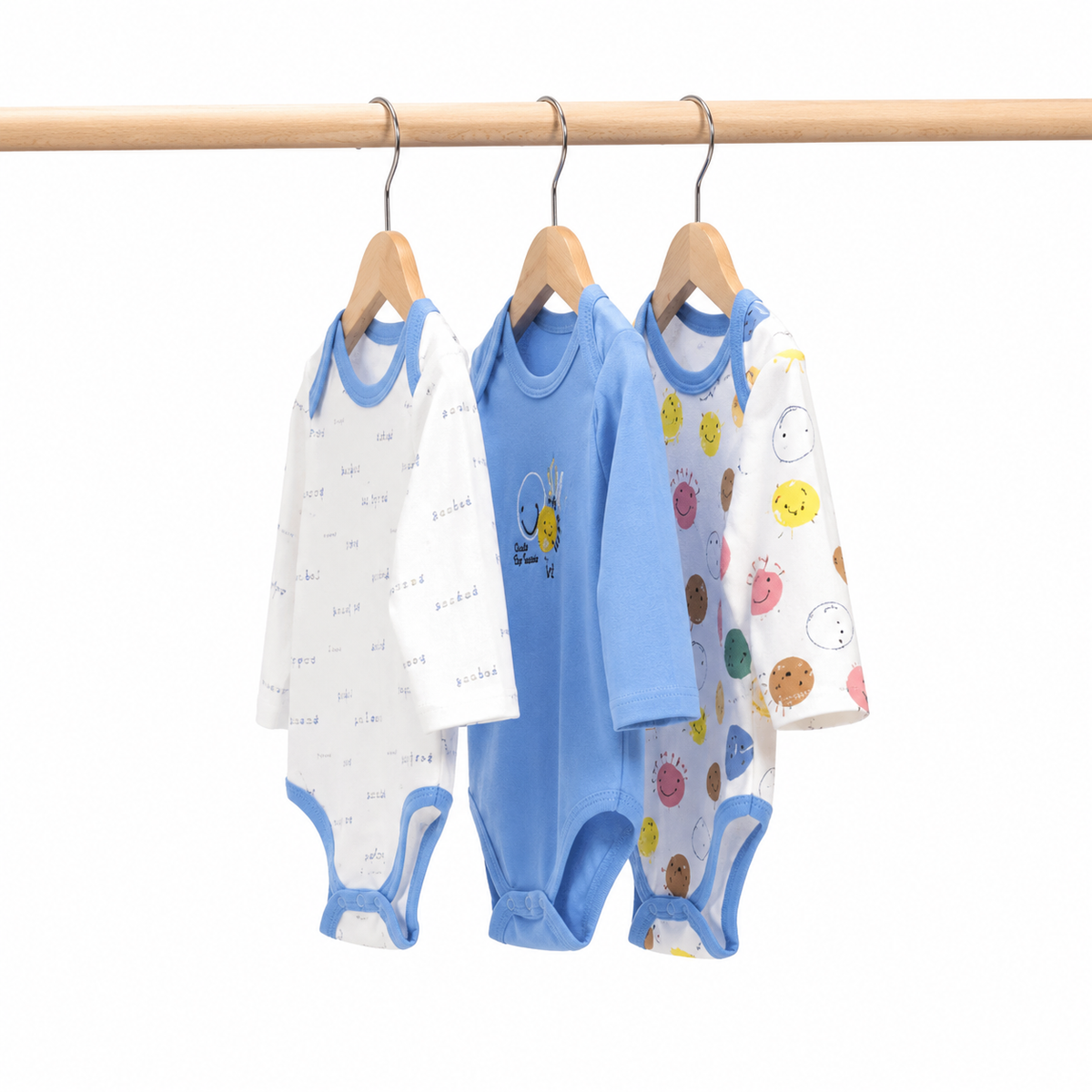 Full-Sleeve Cotton Baby Bodysuits 3-Pack – Blue Smile