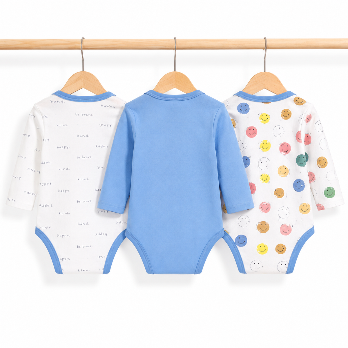 Full-Sleeve Cotton Baby Bodysuits 3-Pack – Blue Smile