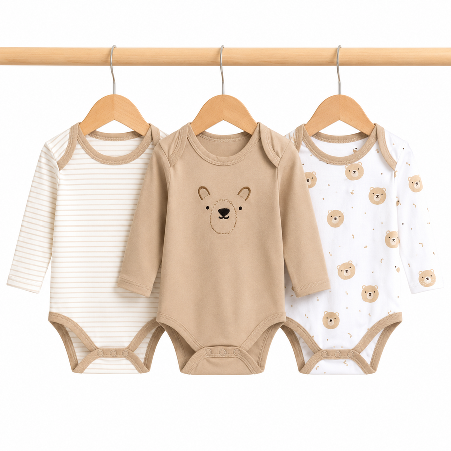 Full-Sleeve Cotton Baby Bodysuits 3-Pack – Brown Bear